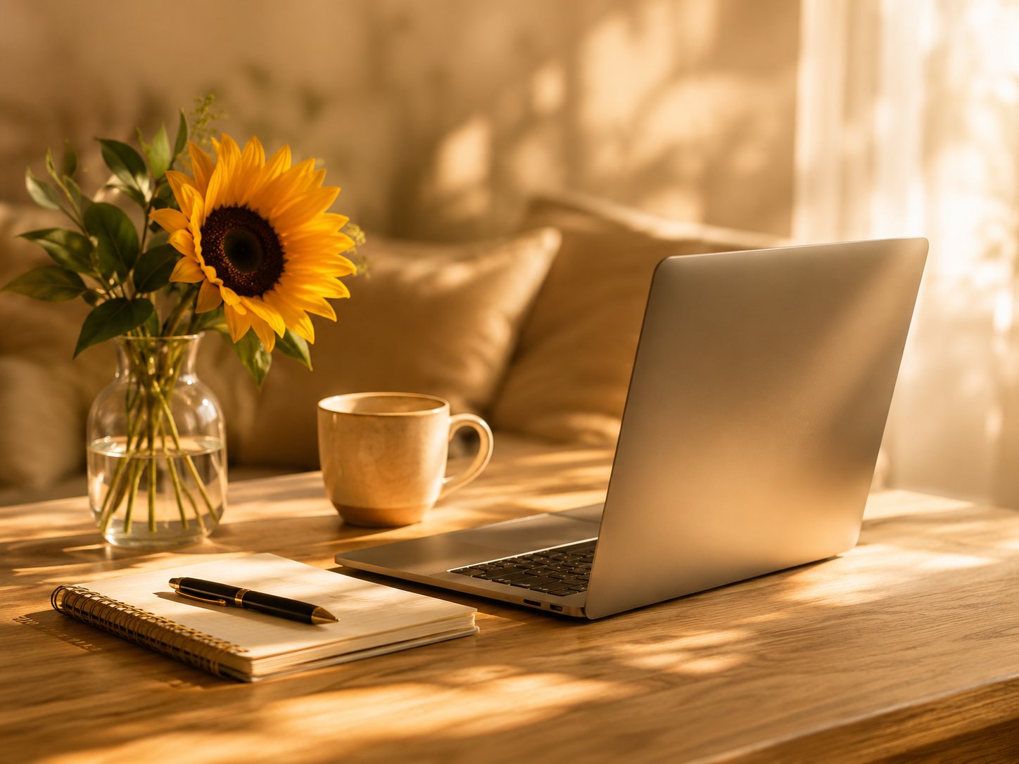 Sunny home workspace with a laptop, coffee and a sunflower